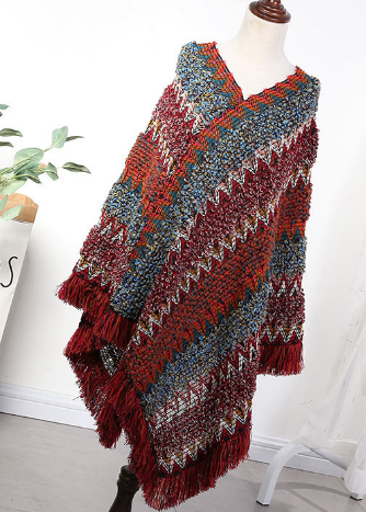 Ladies Ethnic Style With Warm Fringe Oblique Stripe Knitted Shawl