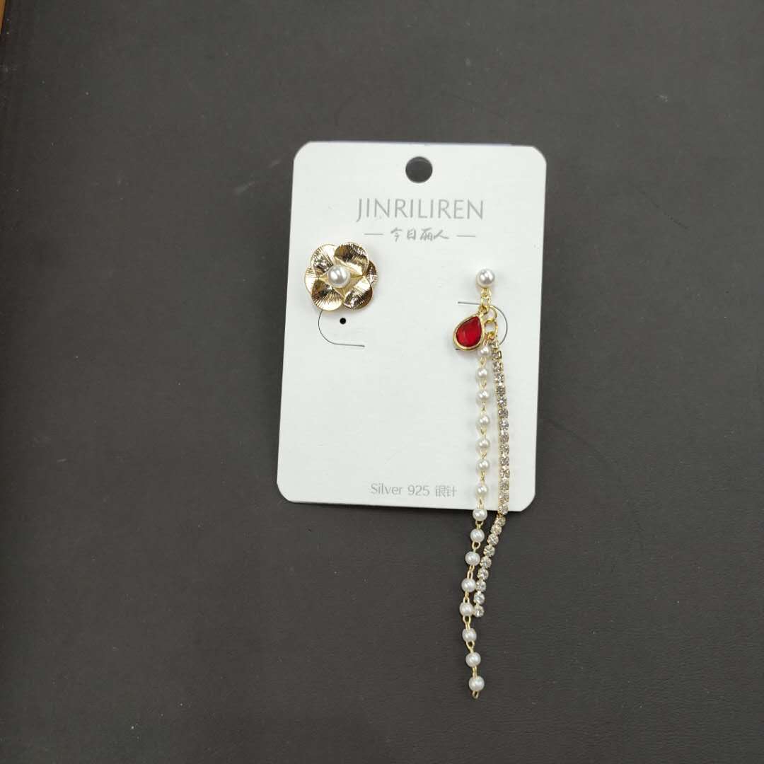 Today Beauty series fashion temperament copper flower with pearl ruby crystal chain 925 sterling silver needle earrings