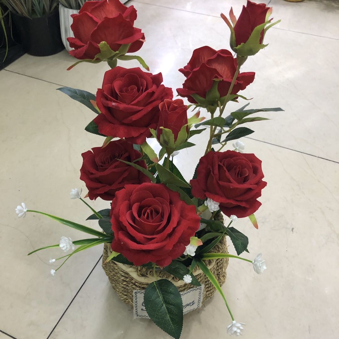 8 European Rose Bud Core Potted Living Room Home Table Decoration Flower Simulation Flower Fake Flower