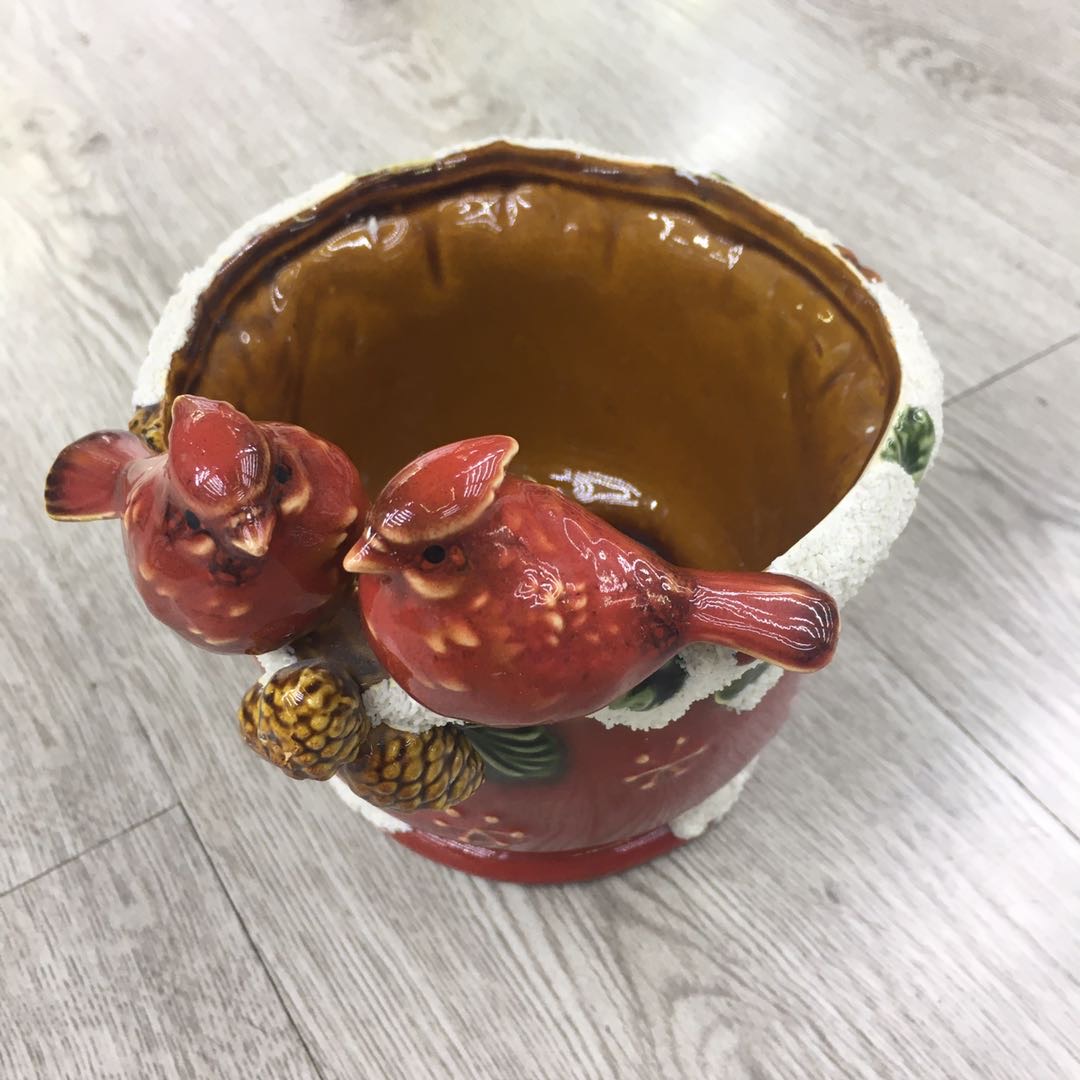 红鸟花盆陶瓷摆件 圣诞摆件 创意陶瓷家居装饰摆件