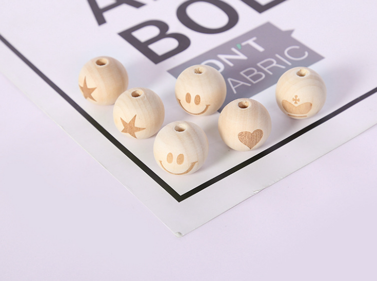 DIY手工饰品配件20mm原木色激光雕刻镭射笑脸木珠荷木珠产品图
