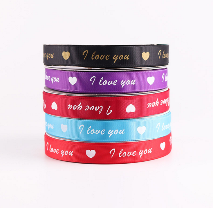 2CM threaded English heart-shaped Valentine's Day ribbon gift box packaging tape, festival color ribbon printed ribbon Specification image