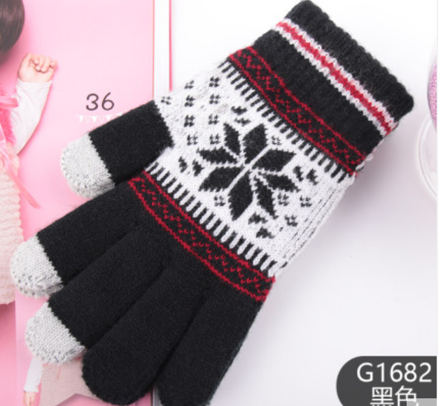 新款针织触屏手套女秋冬季加厚保暖可爱针织韩版毛线手套