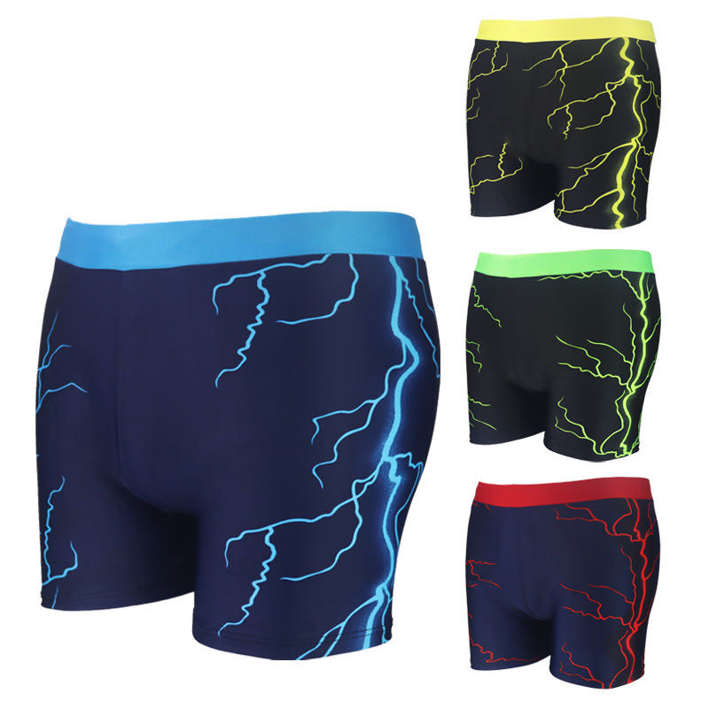 The new wide-waisted flash digital printed boxer trunks, style no. 999-2, thick polyester large version, are sized in four colors: lake blue, sapphire blue, bright red and yellow thumbnail