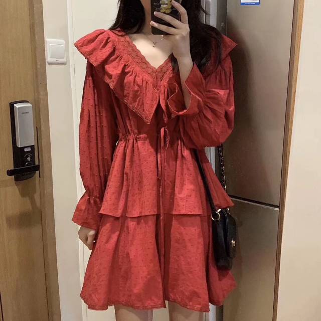 Artistic V-neck chiffon dress, retro red French long dress, black ear edge V-neck, 2020 Spring New Specification image