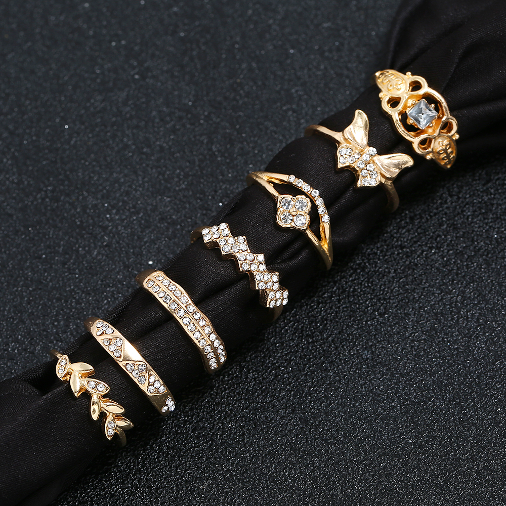 New cross-border water diamond, butterfly eye, fish bone, leaf and gold ring set