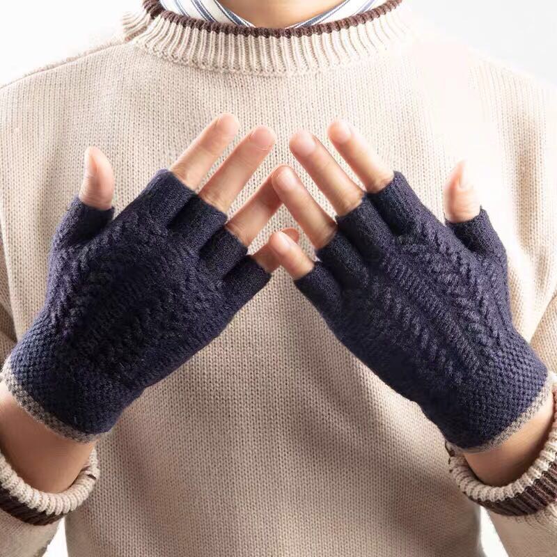 针织毛线学生写字露指手套女冬天五指秋冬季韩版男士半指弹力保暖藏青图