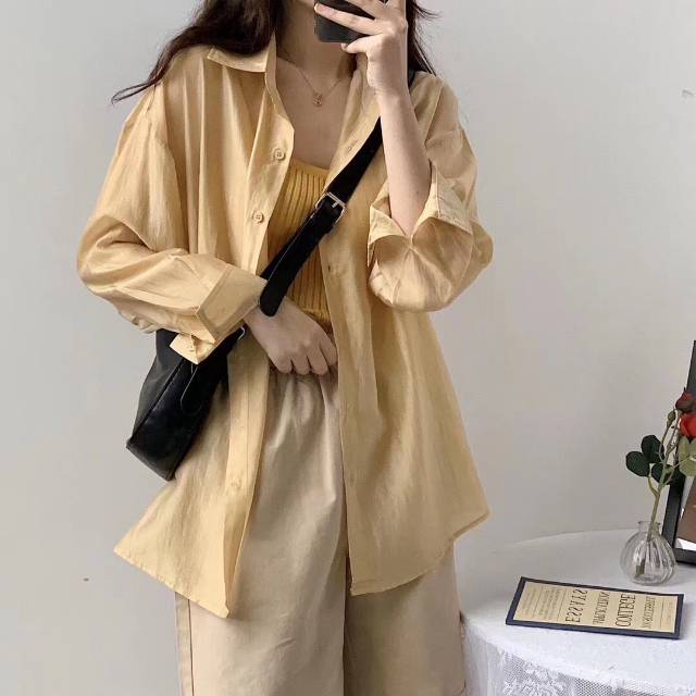 The simple solid-color tencel shirt bluepops Korean spring new style loose semi-transparent sun-protective shirt details Picture