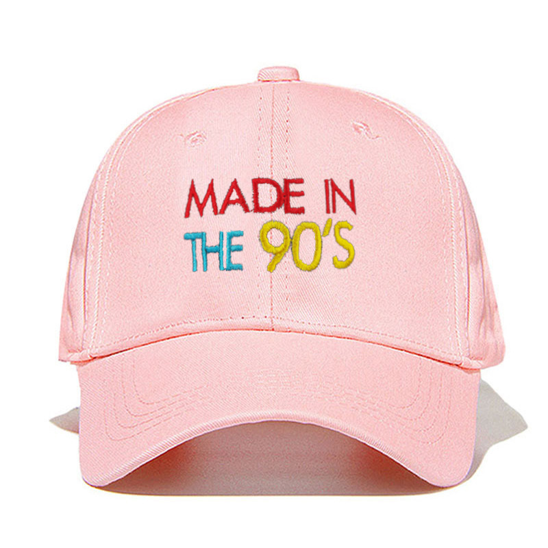 粉色MADE IN THE 90`S刺绣棒球帽纯色户外运动帽弯额太阳帽