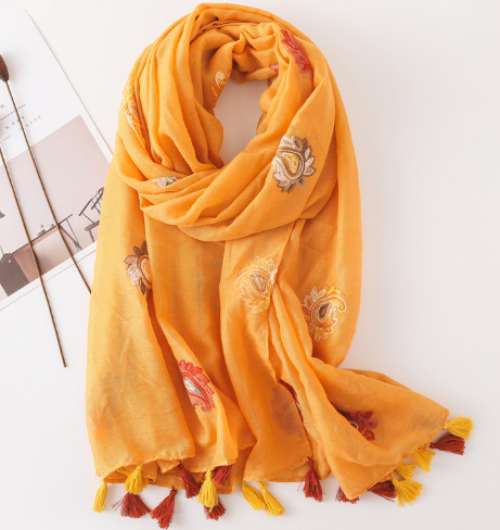 Spring and autumn women's ethnic style versatile artistic embroidered tassel cotton and linen shawl and scarf details Picture