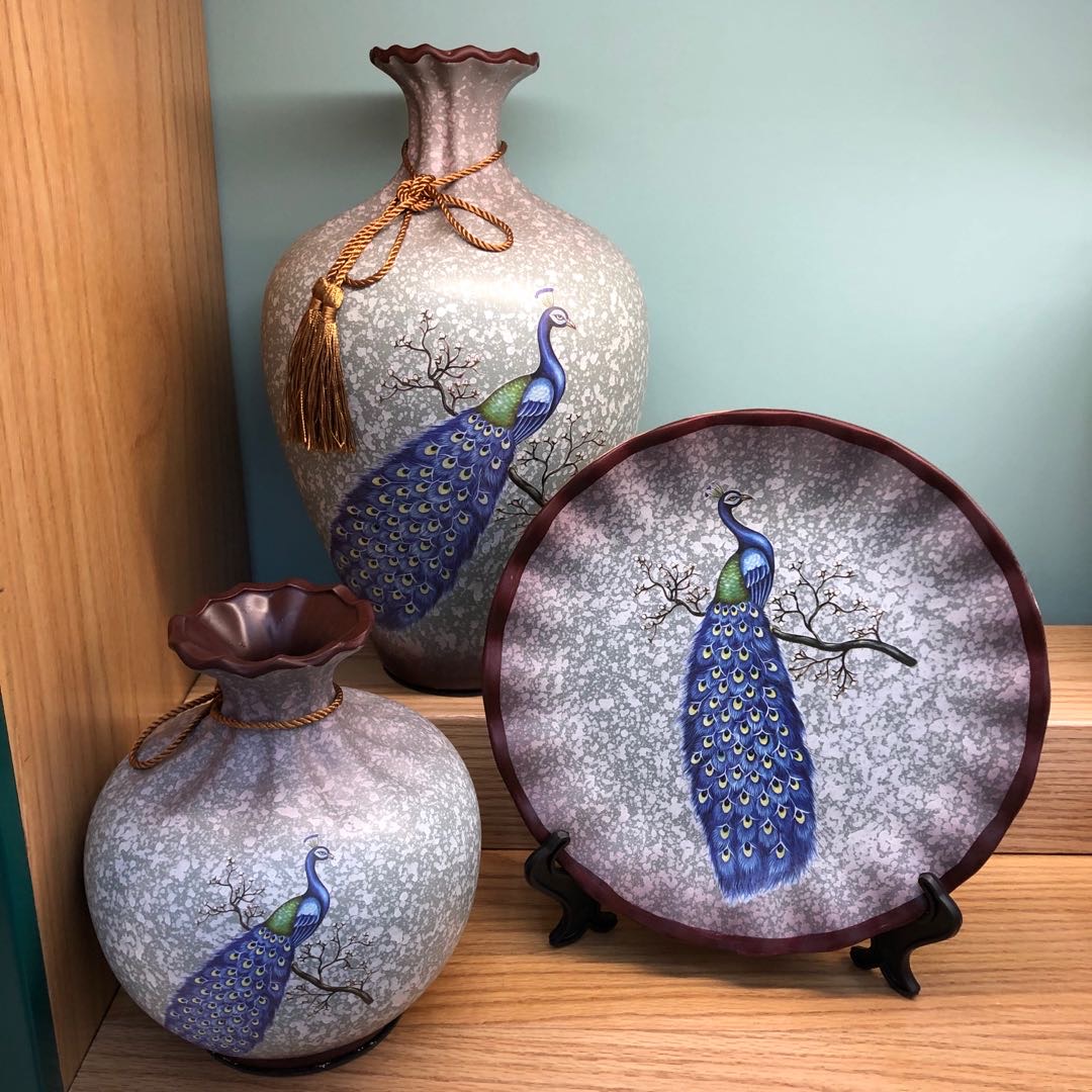 Peacock retro ceramic decoration three-piece set of European home decoration crafts flower pot