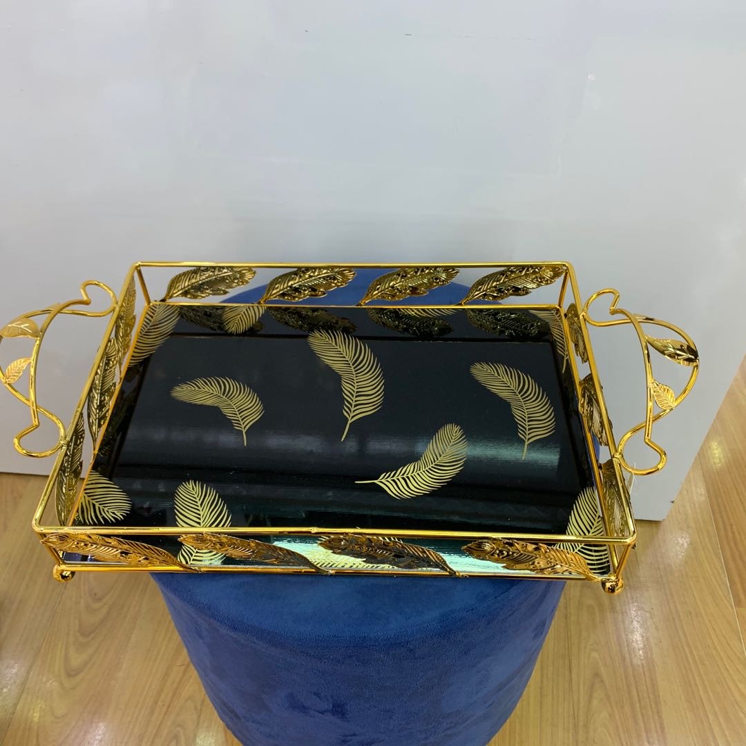 European wrought iron golden hollow tray jewelry display blue glass tray electroplated metal decorative fruit tray thumbnail