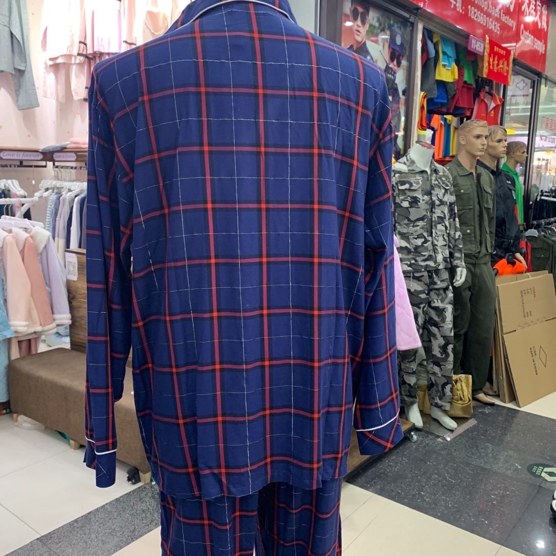 2020 Men's Spring and Autumn Blue checkered home wear, cotton pajamas, fashionable, breathable, soft long pants, long-sleeved set Specification image
