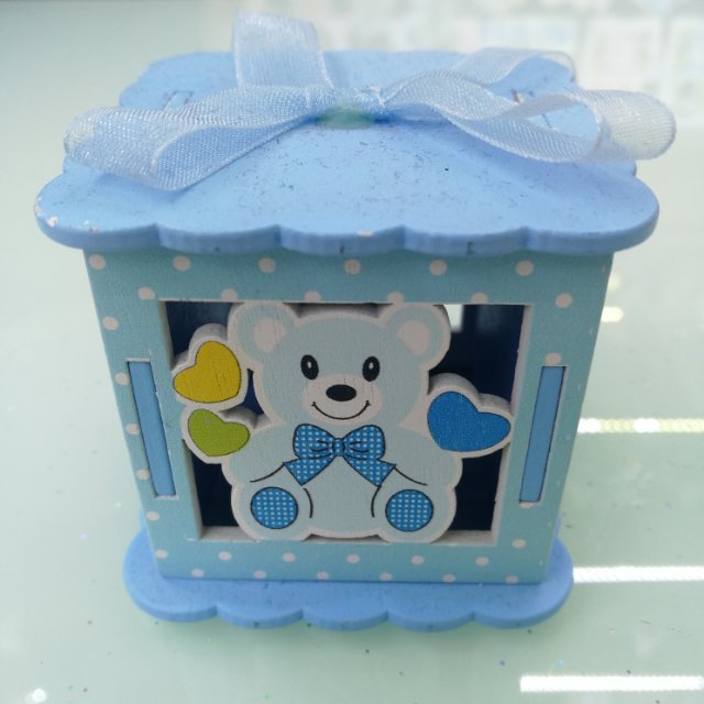 A blue bear with a bow wooden table decoration for kindergarten details Picture
