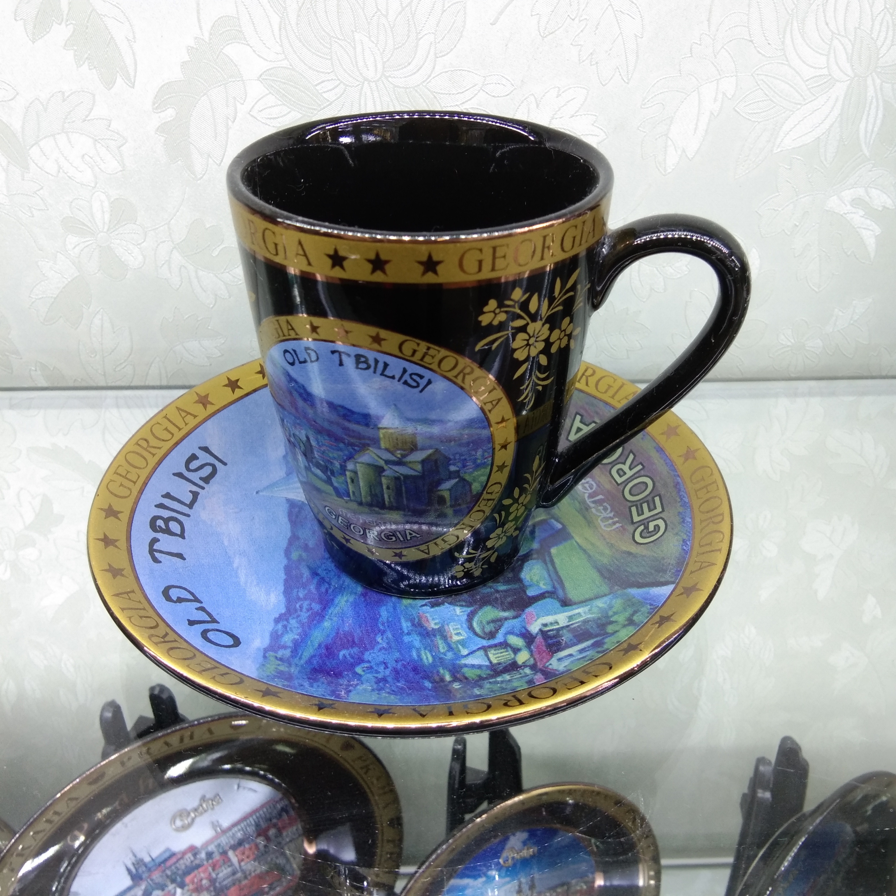 陶瓷工艺7946旅游纪念品陶瓷杯碟特色图案民族风情定制高档