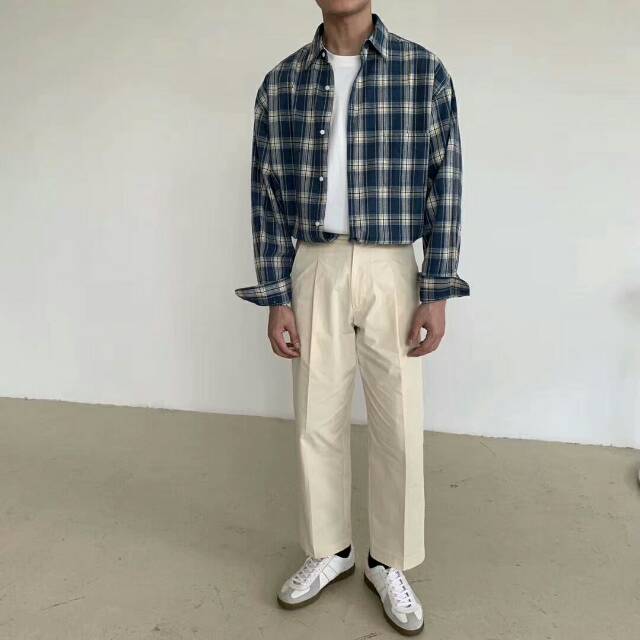 New summer men's long-sleeved fashionable checked shirt Specification image