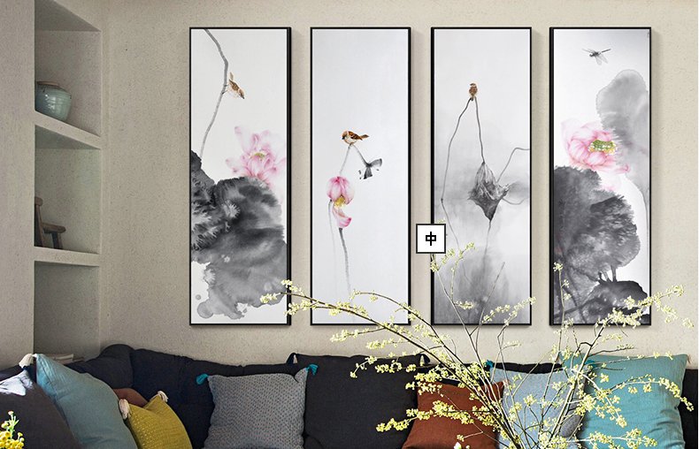 荷花装饰画玄关画现代简约新中式客厅挂画过道竖版油画水墨禅意