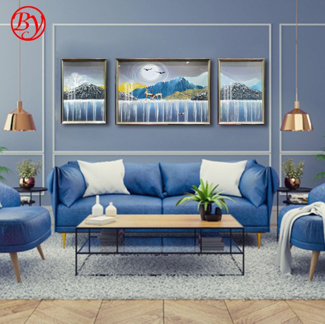 现代简约客厅装饰画大气三联沙发背景墙挂画立体抽象水墨山水壁画图