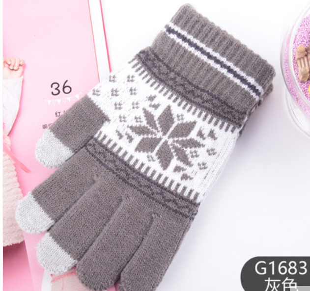 新款灰色针织触屏手套女秋冬季加厚保暖可爱针织韩版毛线手套