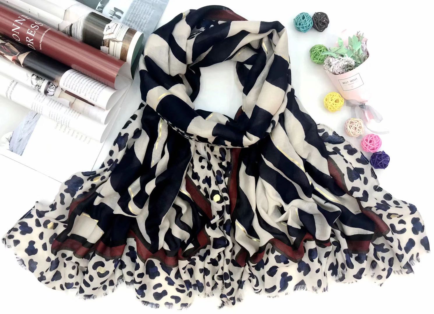Women's Fashion Trend With 60 Satin Gold Leopard Dot Zebra Polyester Scarf details Picture