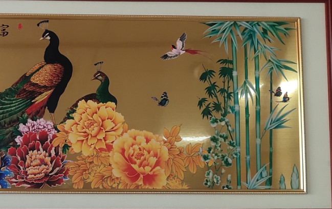 Shangshu Home Furnishing 80X160cm Wealth and Auspiciousness Peacock Handcrafted Wood Carving Decorative Painting Specification image