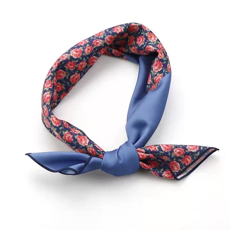 Japanese Korean Literary Small Fresh Temperament Color Contrast Small Floral Blue Silk Scarf Square Scarf Scarf