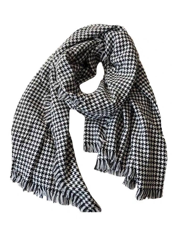 European And American Style Imitation Cashmere Scarf Shawl Dual Purpose Women Autumn And Winter Black And White Thousand Bird Check Double-Sided Thick Couple Neck