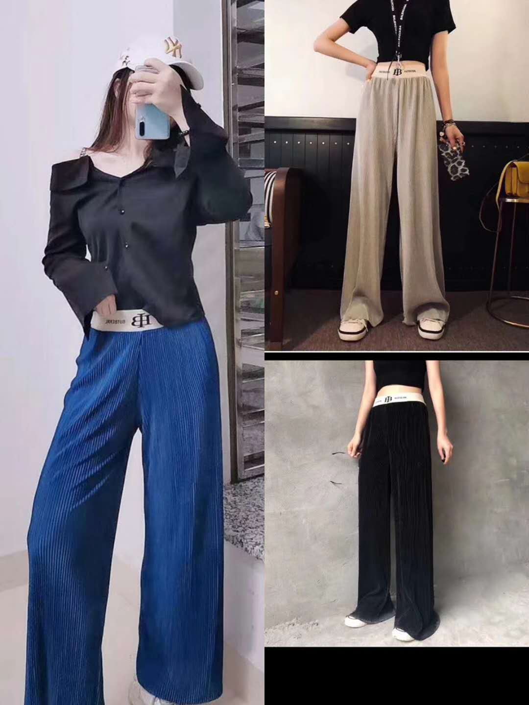 Ice Silk Wide-Leg Pants Pleated Female Summer Style High Waist Pendant