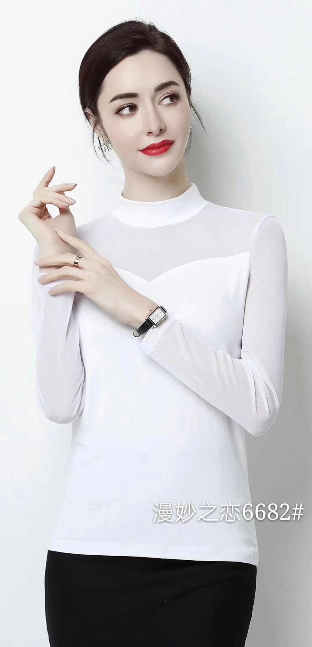 新款韩版网纱拼接打底衫时尚气质女装女高弹百搭长袖上衣