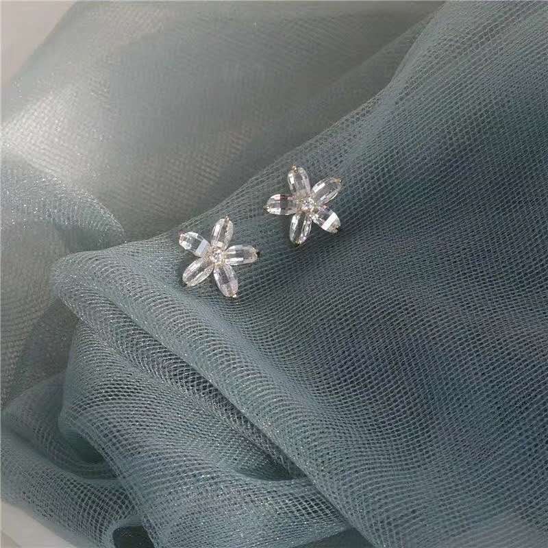 创意时尚银色水晶五瓣花花朵宝石女气质耳饰