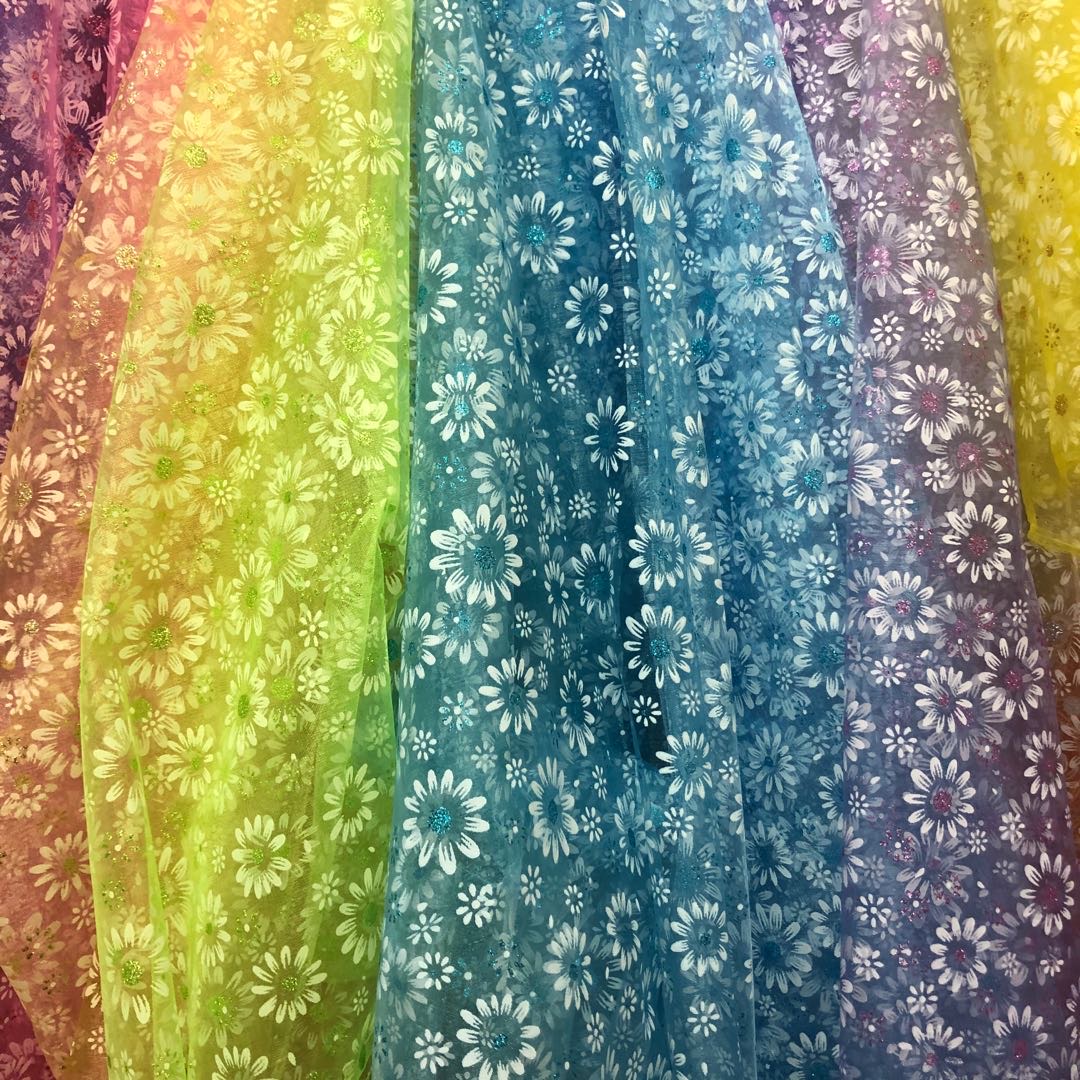 Impresión adhesivo girasol tela de malla multicolor tocado cuff tela venta directa de fábrica nueva temporada disponible al por mayor disponible al por menor