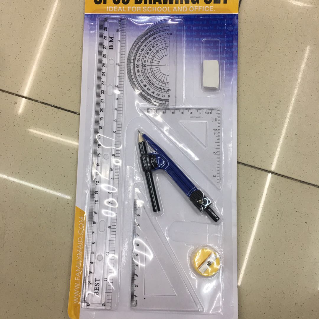 新款进口塑料半圆三角学生尺带圆规铅笔刀