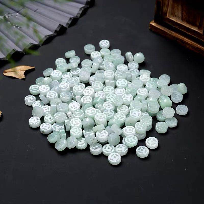 Natural A-grade jadeite DIY accessories, loose beads and money pendants, jadeite and jade accessories, copper coins, loose beads and jade money pendants details Picture
