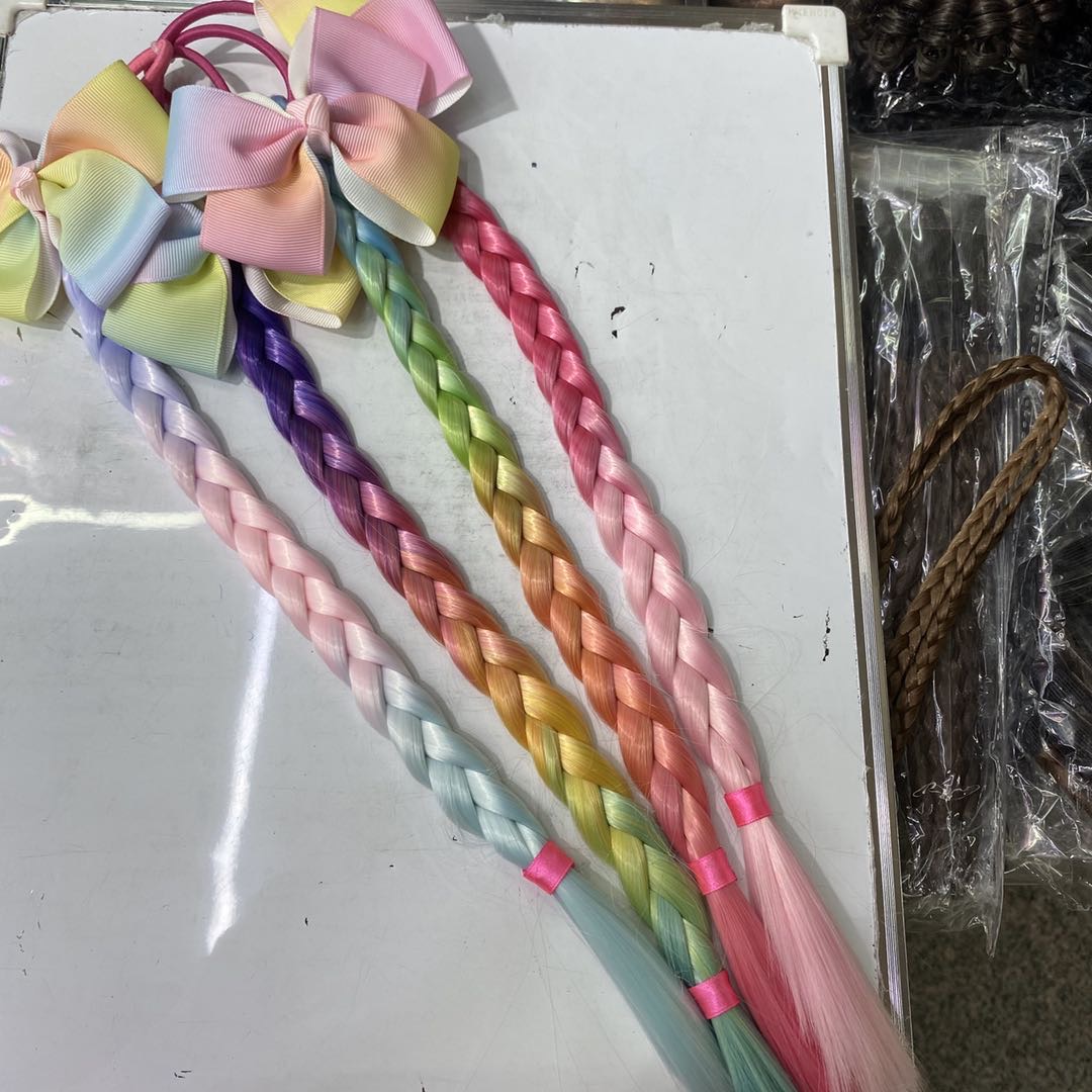 热销新款彩虹渐变染色假发布艺蝴蝶结麻花辫