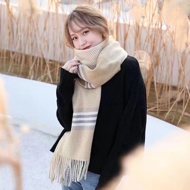 A fashionable and versatile, warm, classic fringed striped faux cashmere scarf for women details Picture