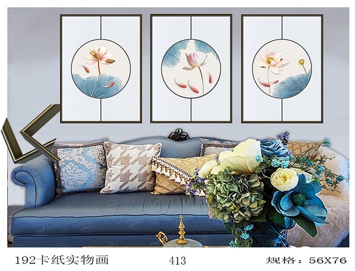 中式客厅装饰画中国风沙发背景墙壁画玄关三联抽象金色线条卡纸画产品图