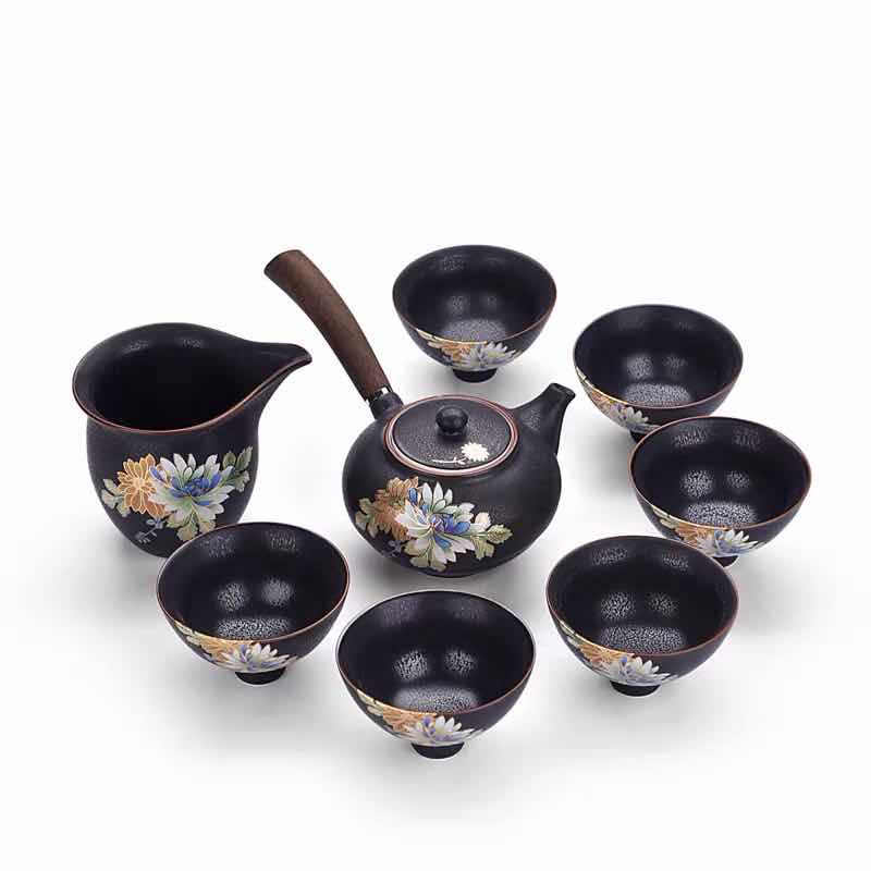 立体扒花复古黑陶家用茶具套装 功夫陶瓷侧把壶礼品茶具