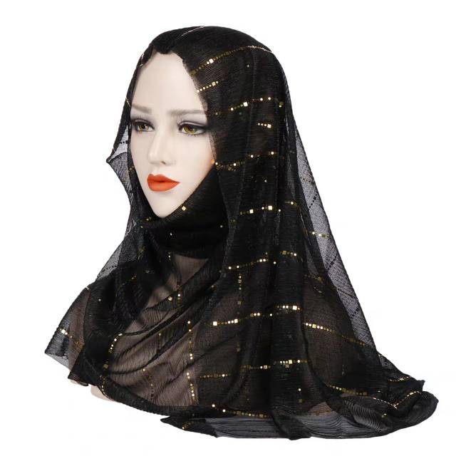 Simple and fashionable thin long scarf, cross-border Muslim headscarf with silver thread pleated silk scarf, versatile long scarf for warmth Specification image