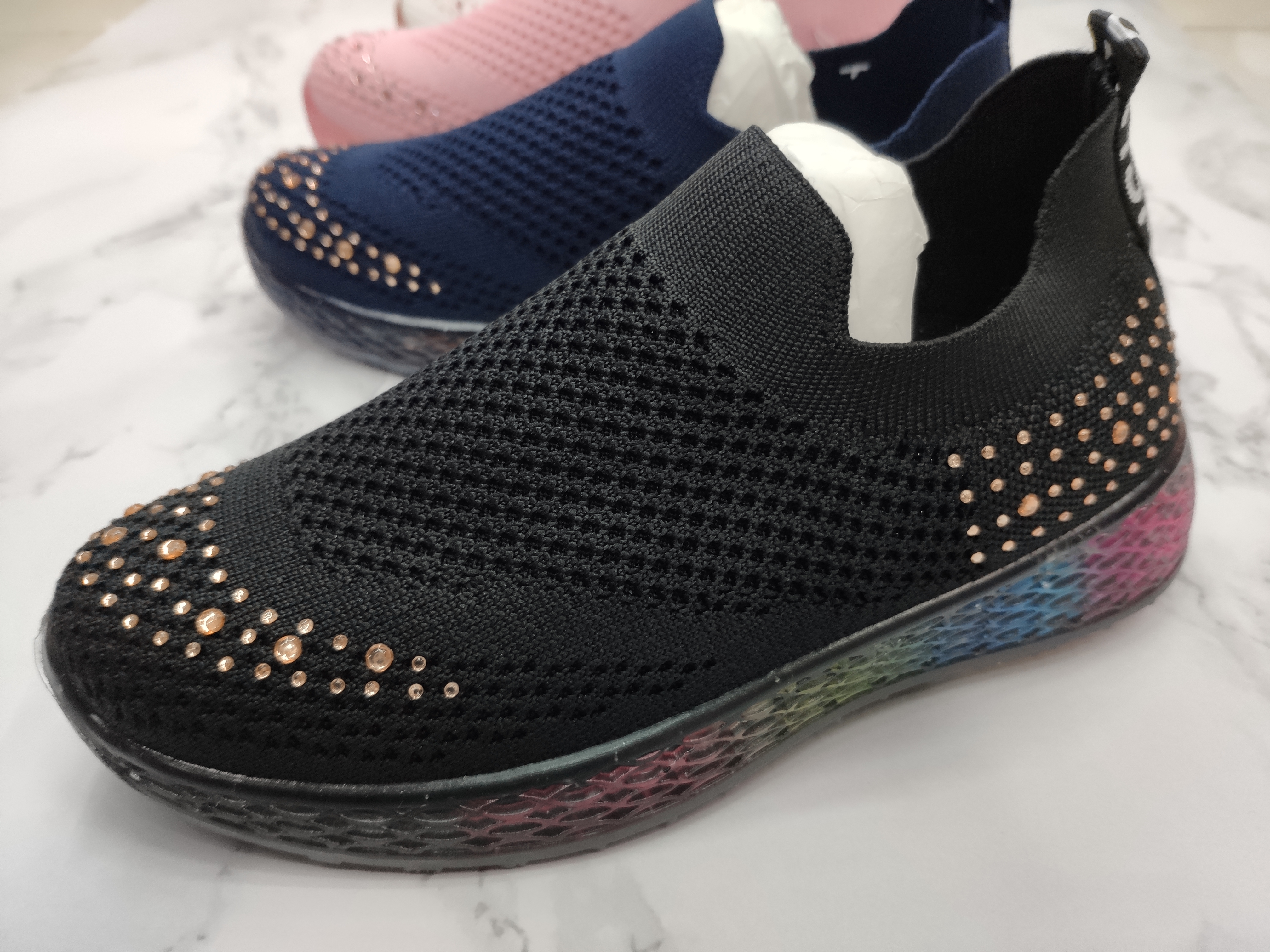 Foreign Trade Wholesale Children's Rhinestone Flying Woven Shoes Light Breathable Slip-On Color Sole Men's And Women's Shoes