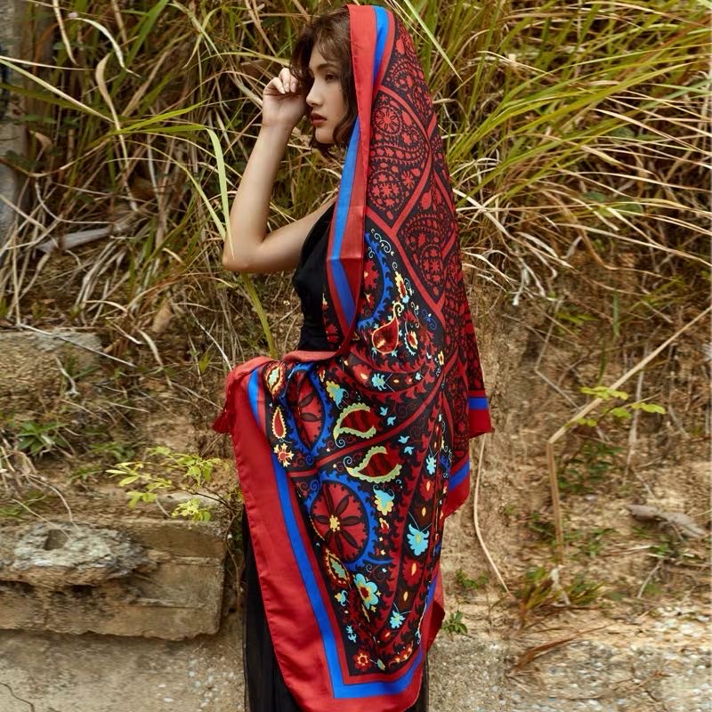 红色名族风超大丝巾女士沙滩围巾潮流