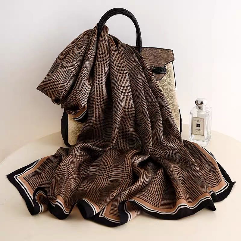 Brown Plaid Scarf Khaki Silk Scarf Long Cape For Both Purposes