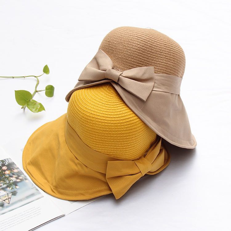 新款韩版蝴蝶结草帽女大沿防晒骑车遮阳帽拼接鸭舌帽海边防晒帽产品图