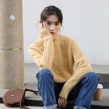 简冬季小个子韩版纯色长袖针织衫 宽松圆领显瘦短款毛衣女