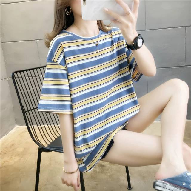 Pure Cotton 2020 Summer New Loose Striped Short Sleeve T-Shirt Women's Large Size Women's Fat Mm Top Specification drawing