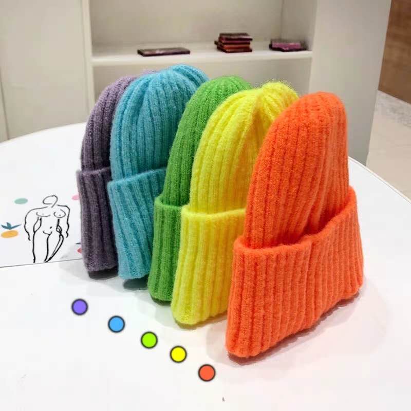 针织毛线帽子女秋冬季韩版百搭休闲冬天荧光亮色潮韩国男冷帽