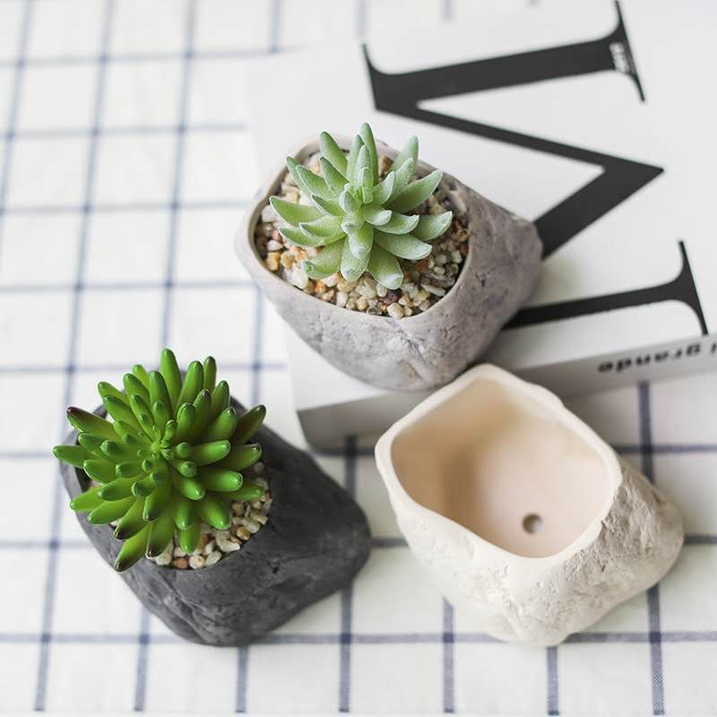 日系室内摆件多肉花盆创意桌面文竹绿植个性仿石头粗陶盆不含多肉