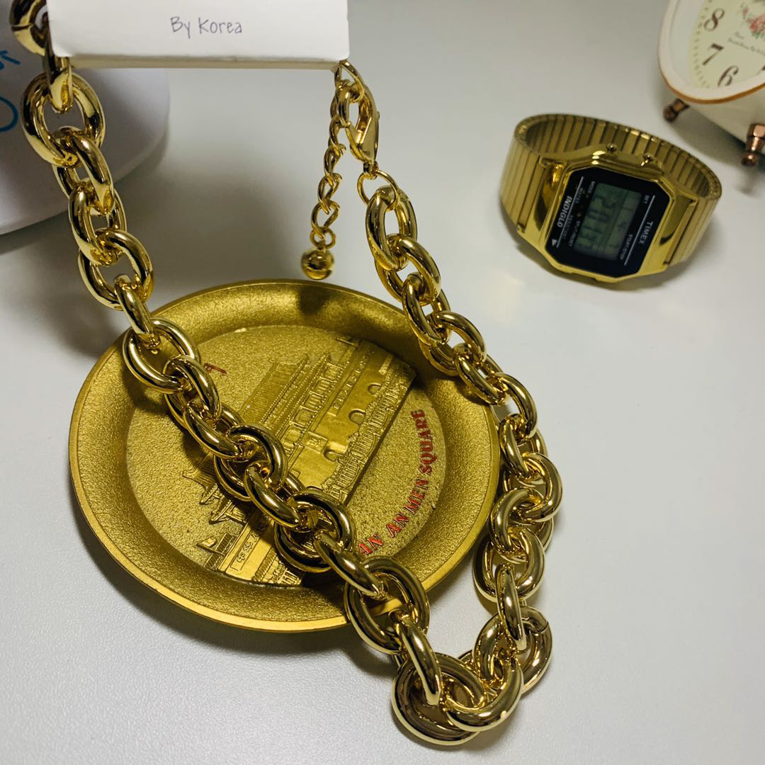 Necklace Alloy Gold 36Cm Simple Thick Chain Internet Celebrity Personality Street Fashion Bungee Choker Collar Choker Chain Specification drawing