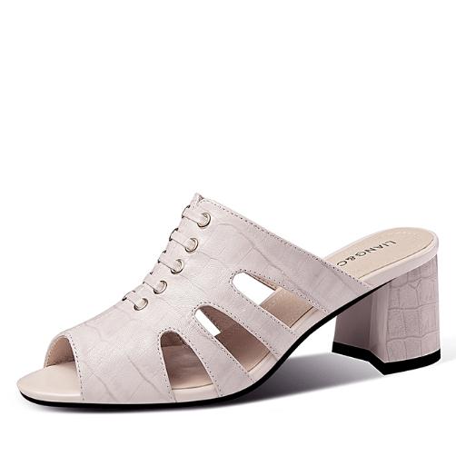 镂空鱼嘴半拖鞋女外穿夏季新款时尚粗跟凉拖女高跟真皮大码女鞋