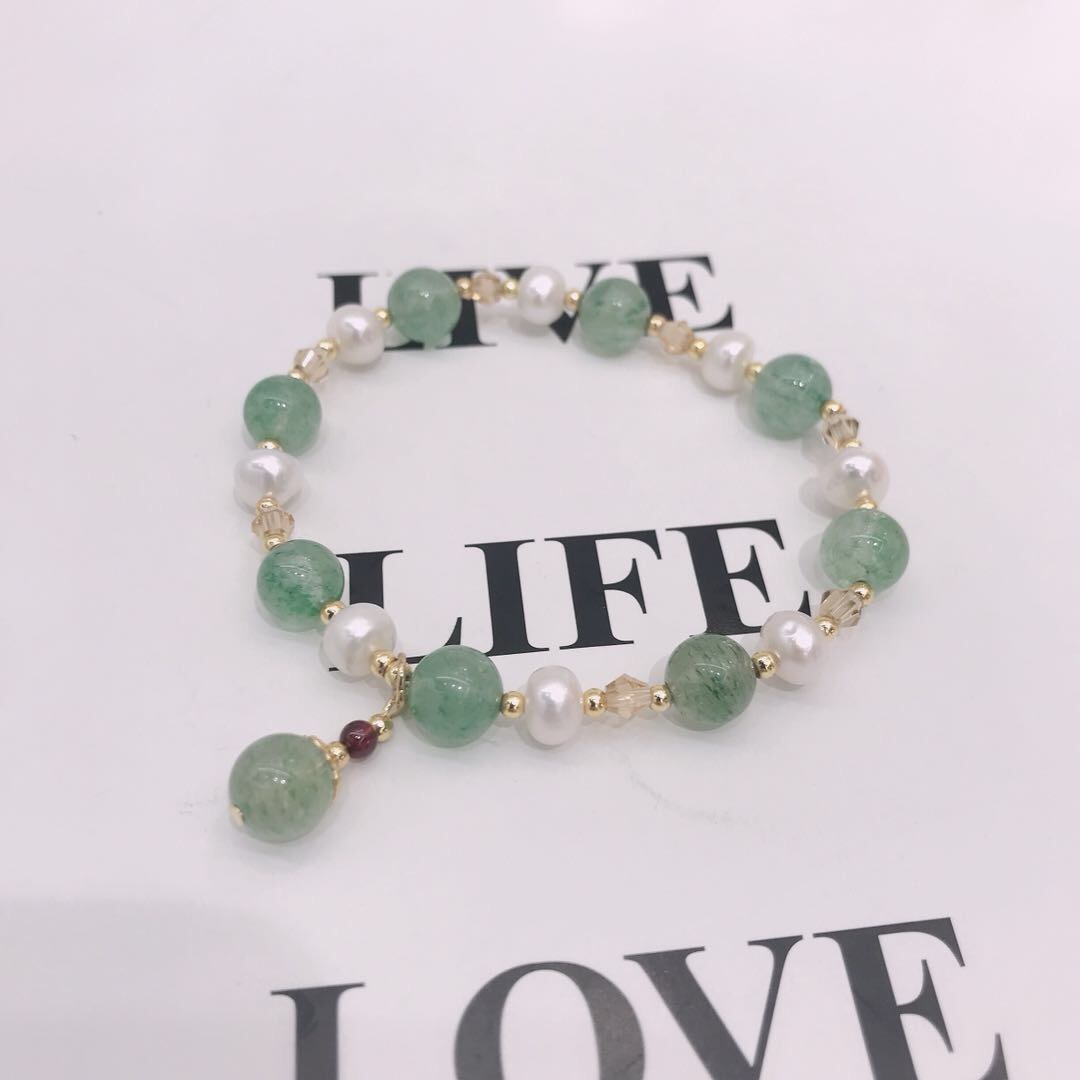 原创天然珍珠绿色水晶手链女韩版简约个性珍珠水晶手串