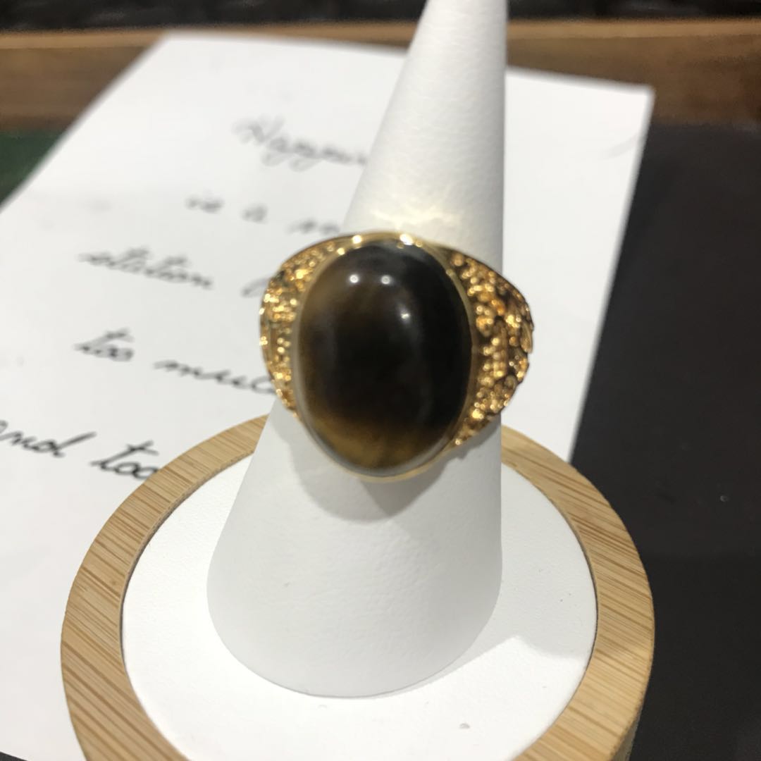 National tide inlaid amber stone ring inlaid agate opening men's ring brass 24-karat gold ring thumbnail